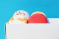 Tasty different colored macarons in white box on blue background Royalty Free Stock Photo