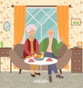 Tasty dinner at home flat vector illustration. Elderly couple eating fruit and drinking tea