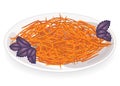 Tasty dish. Korean carrot with basil plate. Dietary, vegetarian, healthy food. Vector illustration