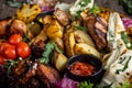 Tasty dish with meat and vegetables, baked pork, cowboy grill, grilled potatoes with sauce. Assorted tasty grilled meat with Royalty Free Stock Photo