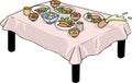 Tasty dishes food and drink on table, cooking at home. Hand drawing of flat design cartoon style