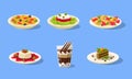 Tasty Dishes Set, Delicious Food, Spaghetti, Souffle, Cake, Milkshake Vector Illustration