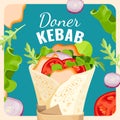 Tasty doner kebab with chicken and vegetables promotional poster