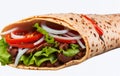 A tasty doner kebab wrap with spicy meat, lettuce, tomato, isolated on transparent background