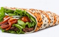 A tasty doner kebab wrap with spicy meat, lettuce, tomato, isolated on transparent background