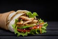 Tasty doner kebabs with fresh salad trimmings and shaved roasted meat served in tortilla wraps on brown paper as a