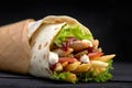 Tasty doner kebabs with fresh salad trimmings and shaved roasted meat served in tortilla wraps on brown paper as a