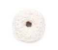 Tasty donut decorated with coconut shavings isolated on white, top view