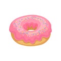 Tasty donut with pink glaze and colorful sprinkles. Delicious and sweet dessert. Flat vector design for promo poster or