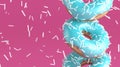 Tasty donuts with soft mint glaze, close up. Rain from white decor for baking on bright pink background.