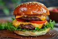 Tasty double beef burger isolated on transparent white background. Big fresh juicy cheeseburger fastfood with beef patty, tomatoes