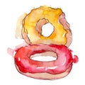 Tasty doughnuts in a watercolor style. Background illustration set. Watercolour drawing fashion aquarelle isolated