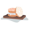 Tasty doughnuts on the wooden tray. Vector.