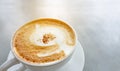 Tasty drinking, a cup of cappuccino coffee decorated with fluffy white and brown milk froth in white ceramic cup on gray table,