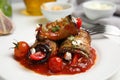 Tasty eggplant rolls served on table, closeup Royalty Free Stock Photo