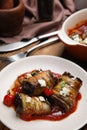 Tasty eggplant rolls served on table, closeup Royalty Free Stock Photo