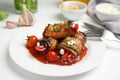 Tasty eggplant rolls served on white table, closeup Royalty Free Stock Photo