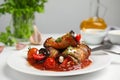 Tasty eggplant rolls served on white table, closeup Royalty Free Stock Photo