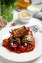 Tasty eggplant rolls served on white table, closeup Royalty Free Stock Photo