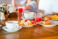 Tasty exotic breakfast at outdoor restaraunt Royalty Free Stock Photo