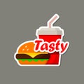 Tasty Fast food Advertising Sticker, Design Label or Sticer - burger and soda cola. Design Template. Vector illustration