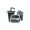 Tasty fast food, cocktail, fries and burger simple black icon on white