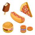 Tasty fast food isolated on white background. Isometric burger, ice cream, pizza, donuts and hot dog vector