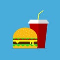 Tasty fast food menu. Hamburger with cola on blue background. vector eps10