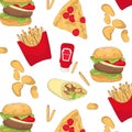 Tasty fast food pattern with chips, burger, pizza, ketchup, wrap. Food organic repetition print. Kitchen dishes