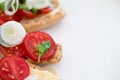 Tasty finger food of spring onions and cherry tomatoes and organic cheese with basil on baked bruschetta bread Royalty Free Stock Photo