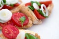 Tasty finger food of spring onions and cherry tomatoes and organic cheese with basil on baked bruschetta bread Royalty Free Stock Photo