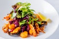 Tasty fish salad with shrimps, baby octopus, herbs, oyster, lemon, lettuce and sauce. Close up image