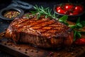 Tasty flavour steak with rosemary and spices on wooden board. Delicious food