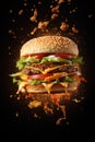 Tasty flying burger on black background. Food levitation. Royalty Free Stock Photo