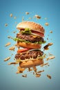 Tasty flying burger on blue background. Food levitation. Generative AI Royalty Free Stock Photo