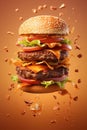 Tasty flying burger on bright background. Food levitation. Royalty Free Stock Photo
