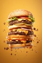 Tasty flying burger on bright background. Food levitation. Royalty Free Stock Photo