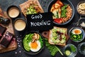 Tasty food with avocado toast, vegetables, eggs on dark background. Helthy breakfast concept