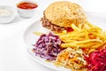 A Tasty food. Big hamburger, French fries . High quality image