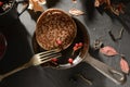 Delicious pancakes- morning breakfast table. Still life - dark photo style. Culinary background - tasty food