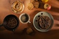 Delicious pancakes- morning breakfast table. Still life - dark photo style. Culinary background - tasty food