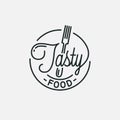 Tasty food logo. Round linear of plate and fork