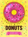 Tasty food poster. Donuts placard design with breakfast colored food bakery products desserts vector template