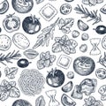 Tasty food seamless pattern. Basil with tomato and pasta elements. Vintage engraved illustration. Italian ingredients