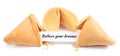 Tasty fortune cookies with prediction Believe your dreams on white background
