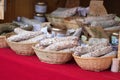 Tasty French dried sausages ready for sale