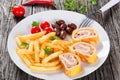 Tasty french fries with baked cheese meat Roll-Ups Royalty Free Stock Photo