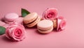 Tasty french macaroons with tender rose on a pink pastel background. Place for text