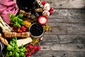 Tasty fresh appetizing italian food ingredients on old rustic wooden background. Ready to cook. Home Italian Healthy Food Cooking Royalty Free Stock Photo