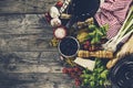 Tasty fresh appetizing italian food ingredients on old rustic wooden background. Ready to cook. Home Italian Healthy Food Cooking Royalty Free Stock Photo